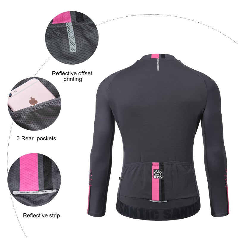 Santic قميص دراجات سانتيك للرجال بأكمام طويلة مع سحاب كامل وReflective جيوب رمادي - Image 5